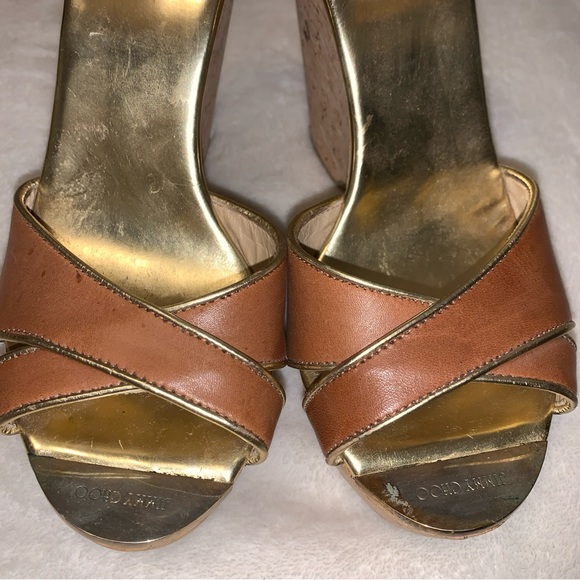 Jimmy Choo Wedge Size 39 1/2 Neutral Patent Leather Cork Platform Open Toe Wedge - Picture 3 of 14